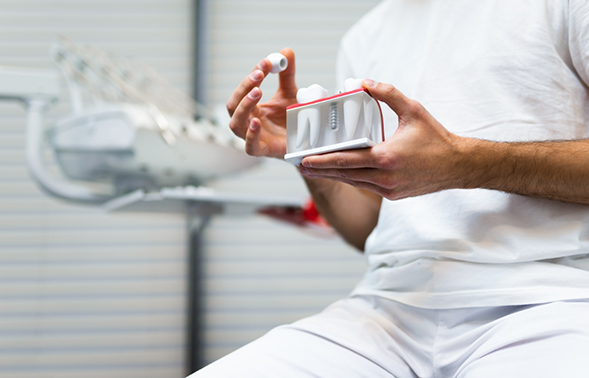 Dentist showing a model of a dental implant to a patient